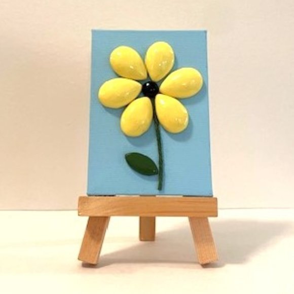 Mini Painting on Canvas with Easel - Yellow Flower on Light Blue - Picture 1 of 3